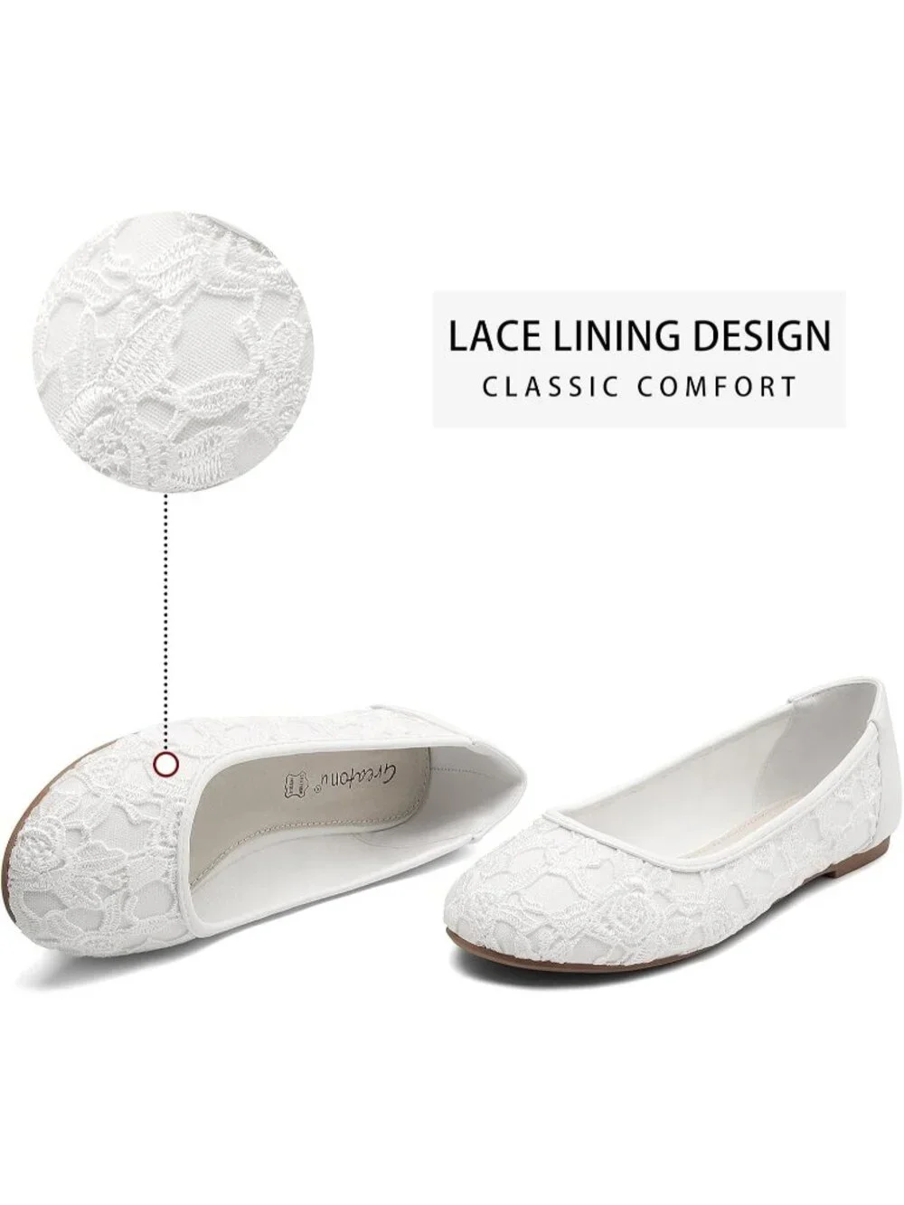 Women's White Lining Lace Ballerina Flats Round Toe Slip on Casual Floral Shoes